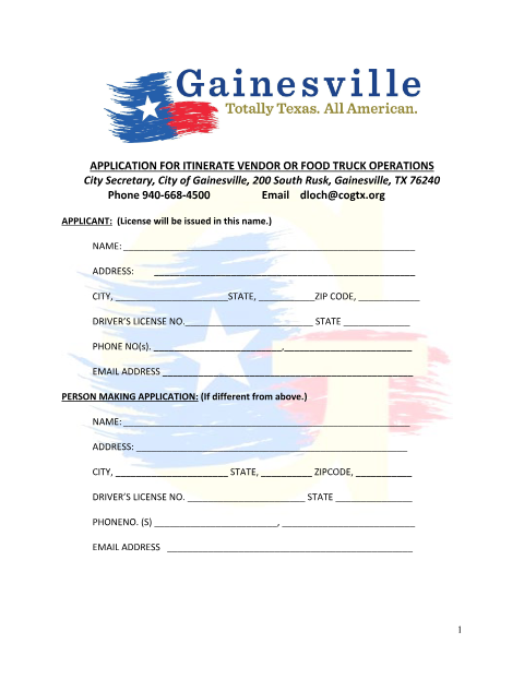 First page of the Itinerant Vendor and Farmers Market Vendor Application