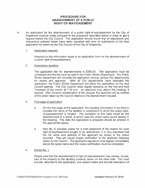 First page of the Public Right-of-Way/Easement Abandonment Application