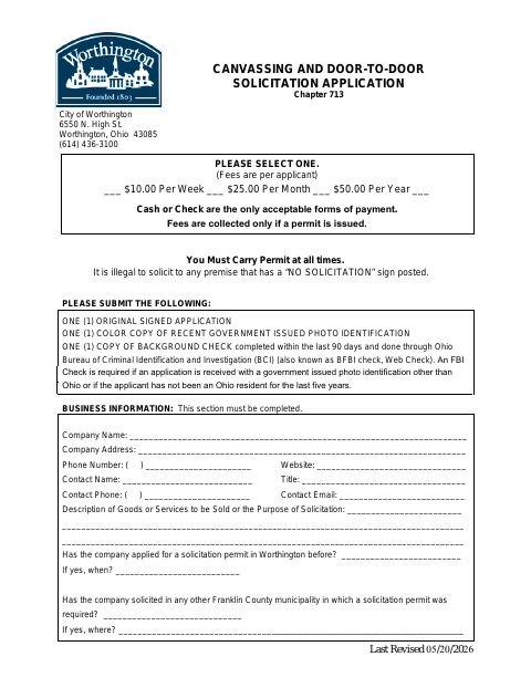 First page of the Canvassing and Door-to-Door Solicitation Application