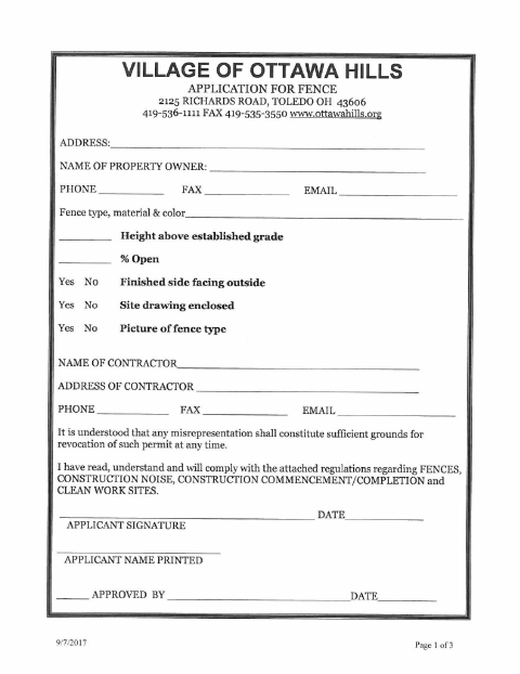 First page of the Fence Permit Application