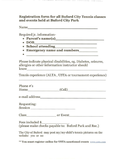 First page of the Tennis Registration Form