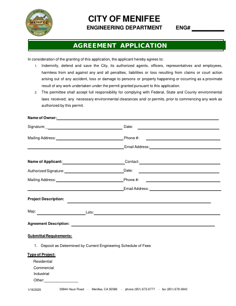 First page of the Agreement Application