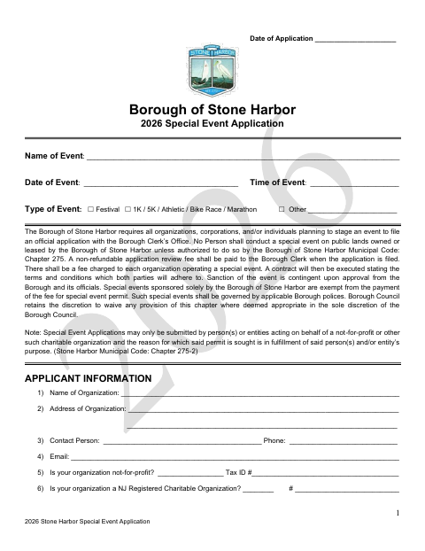 First page of the Special Event Application