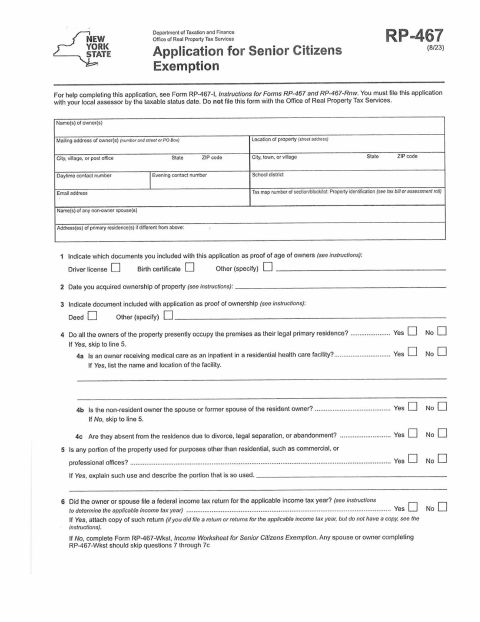 First page of the Senior Citizens Exemption Application (RP-467)