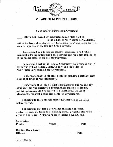 First page of the Contractors Construction Agreement