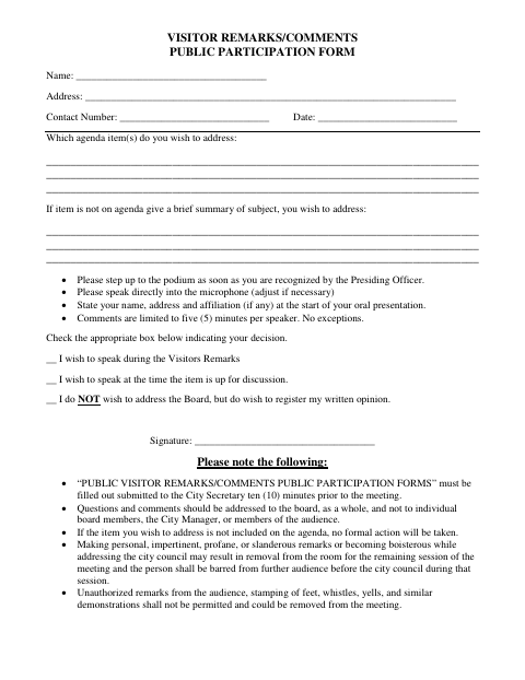 First page of the Visitor Remarks/Comments Public Participation Form