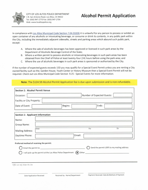 First page of the Alcohol Permit Application