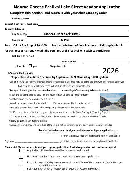 First page of the Cheese Festival Lake Street Vendor Application