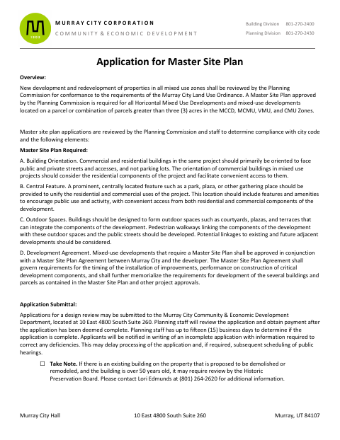 First page of the Master Site Plan Application