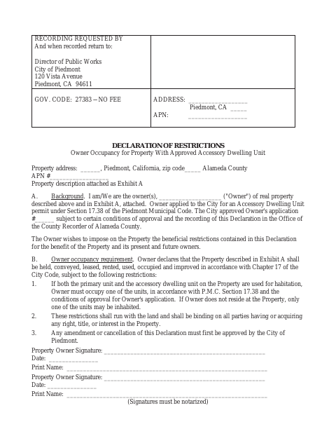 First page of the JADU Owner Occupancy Restriction Declaration