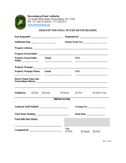 First page of the Request for Final Water Meter Reading