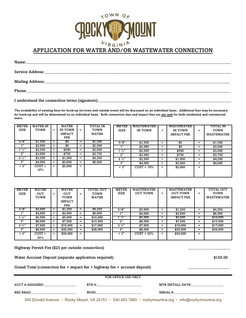 First page of the Application for Water and/or Wastewater Connection