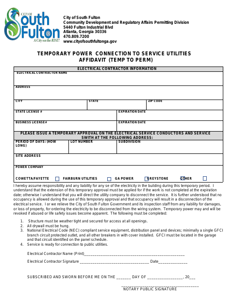 First page of the Temporary Power Connection to Service Utilities Affidavit