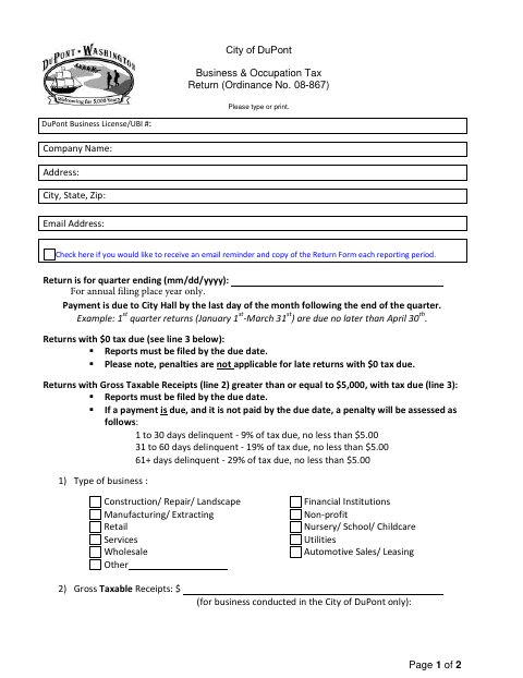 First page of the Business & Occupation Tax Return