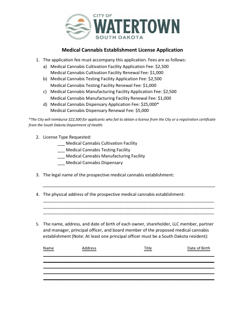 First page of the Medical Cannabis Establishment License Application