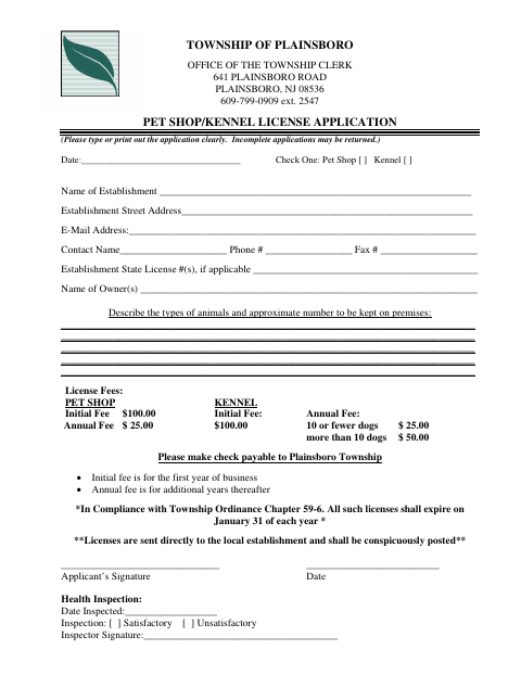 First page of the Pet Shop/Kennel License Application