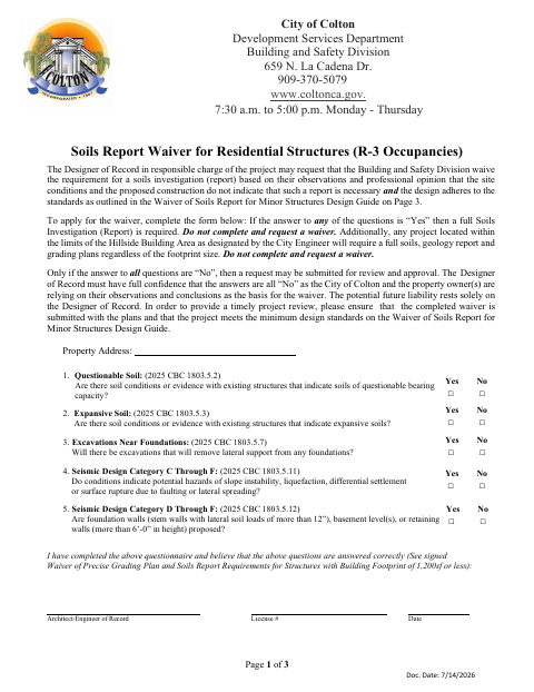 First page of the Soils Report Waiver for Residential Structures (R-3 Occupancies)
