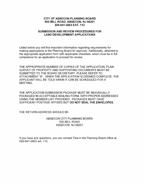 First page of the Planning Board Land Development Application