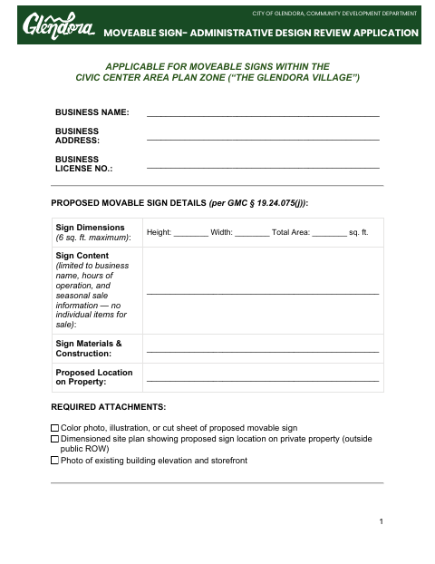 First page of the Movable Sign Administrative Design Review Application
