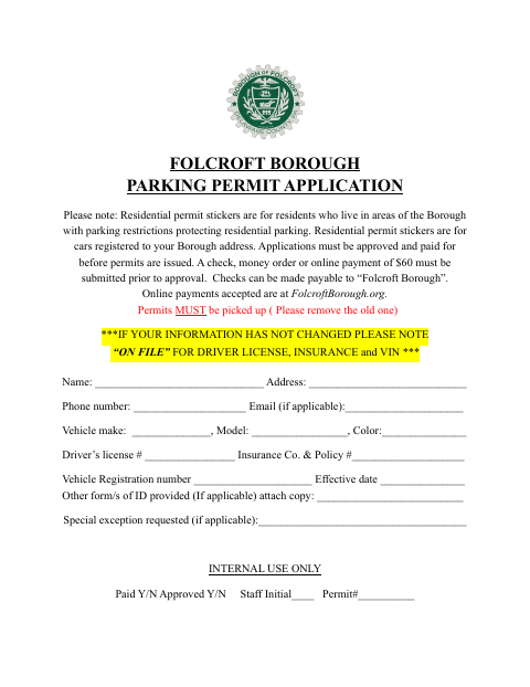 First page of the Parking Permit Application