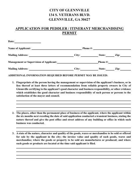 First page of the Peddler / Itinerant Merchandising Permit Application