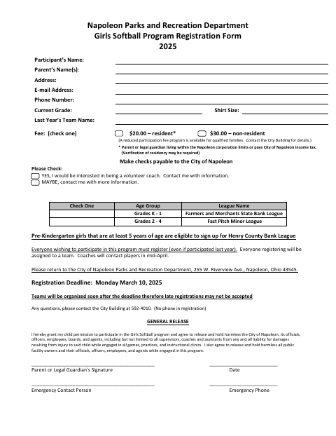 First page of the Girls Softball Program Registration Form