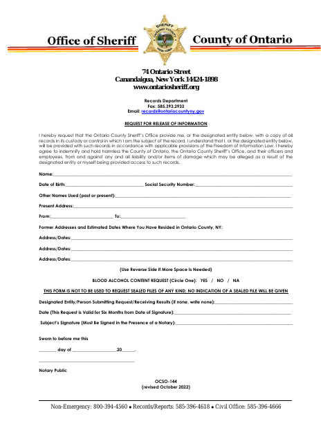First page of the Request for Release of Information
