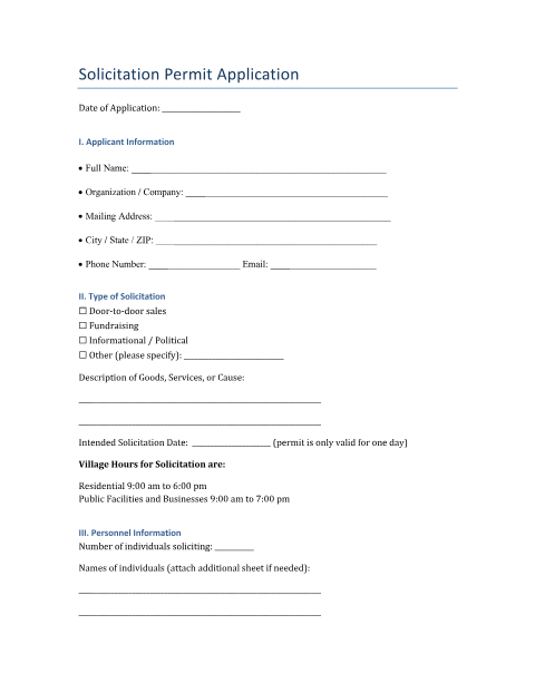 First page of the Solicitation Permit Application
