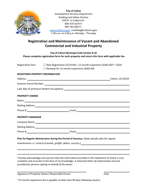 First page of the Vacant and Abandoned Commercial and Industrial Property Registration