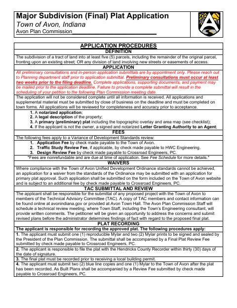 First page of the Major Subdivision Final Plat Application