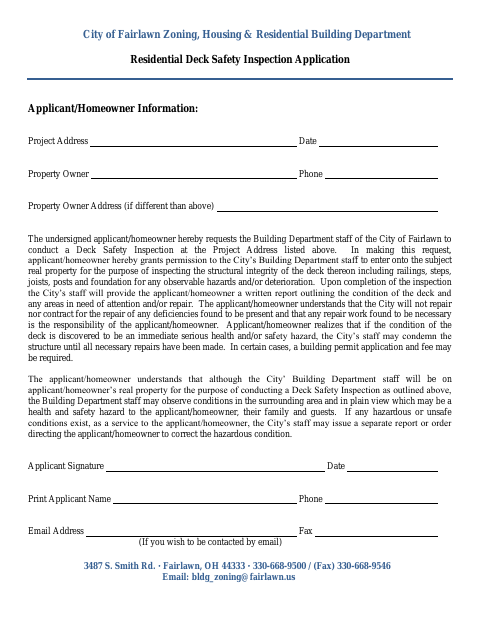 First page of the Residential Deck Safety Inspection Application
