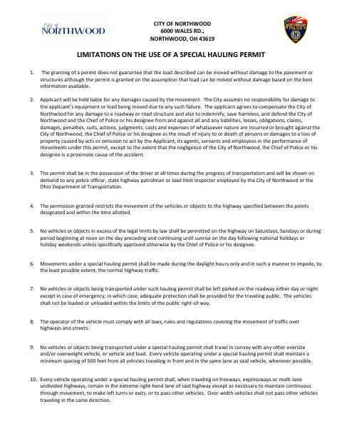 First page of the Special Hauling Permit Application