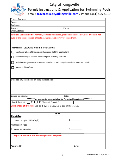 First page of the Permit Instructions & Application for Swimming Pools