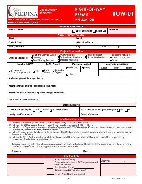 First page of the Right-of-Way Permit Application