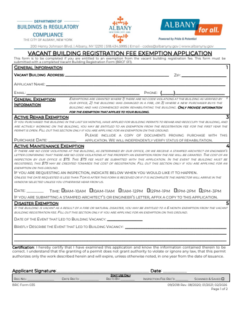First page of the Vacant Building Registration Fee Exemption Application