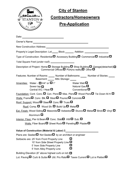 First page of the Contractors/Homeowners Pre-Application