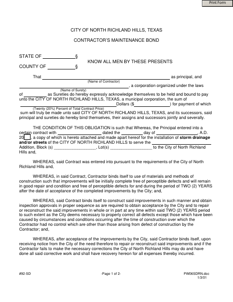 First page of the Contractor’s Maintenance Bond