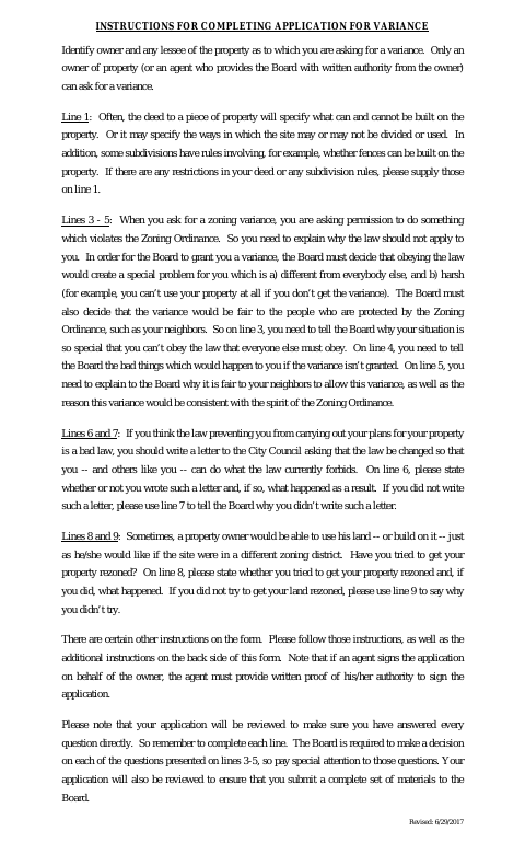 First page of the Zoning Board of Appeals Variance Application