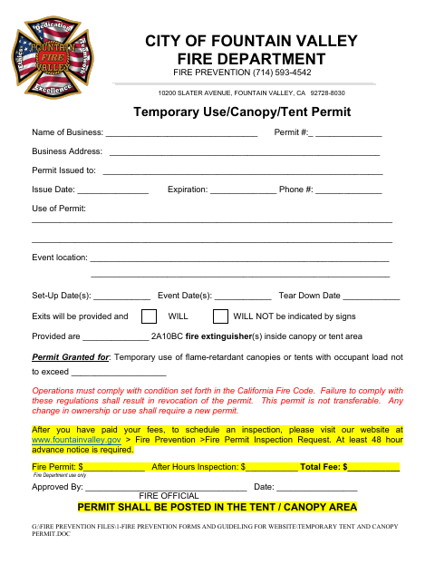 First page of the Temporary Use/Canopy/Tent Permit