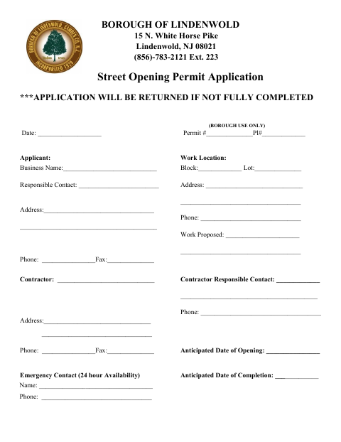 First page of the Street Opening Permit Application