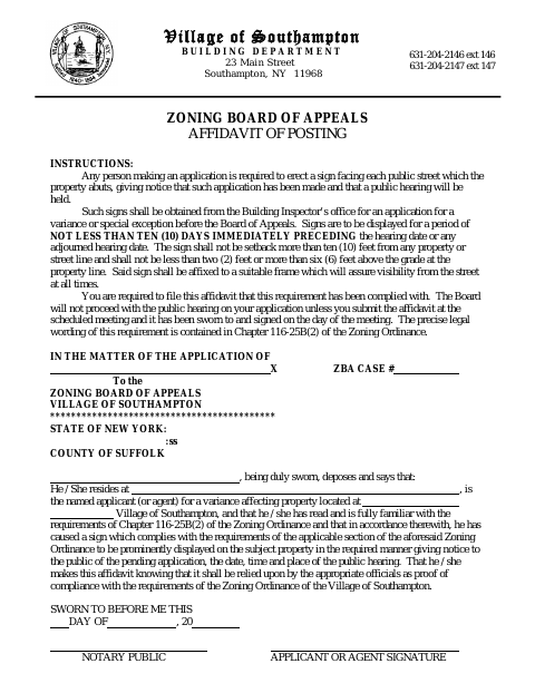 First page of the Zoning Board of Appeals Affidavit of Posting