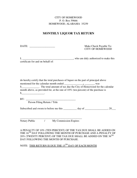 First page of the Monthly Liquor Tax Return