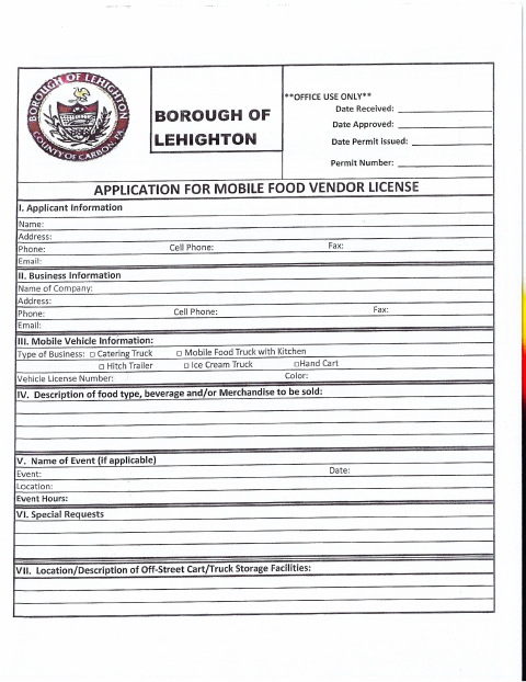First page of the Application for Mobile Food Vendor License
