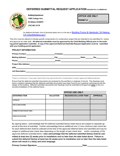 First page of the Deferred Submittal Request Application