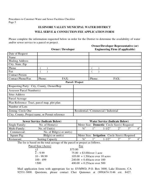 First page of the Will Serve & Connection Fee Application Form