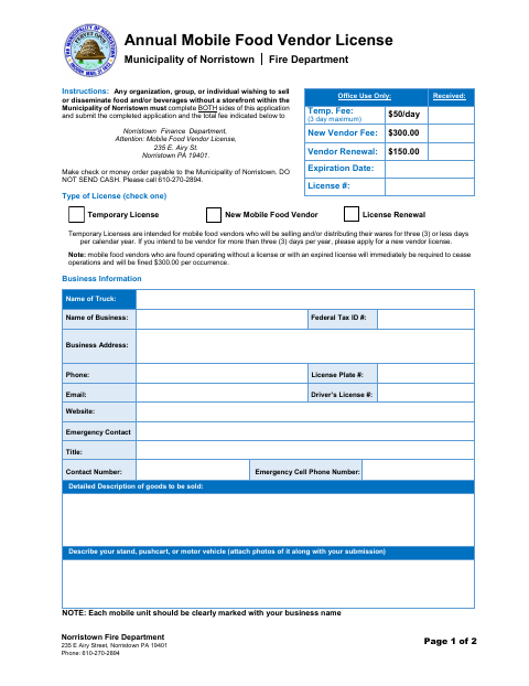 First page of the Mobile Food Vendor License