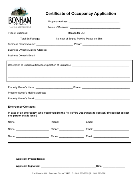 First page of the Certificate of Occupancy Application