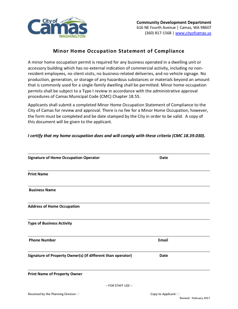 First page of the Minor Home Occupation Statement of Compliance