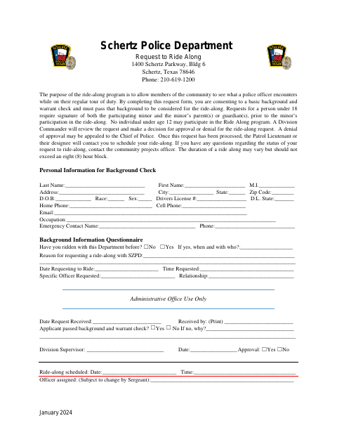 First page of the Request to Ride Along