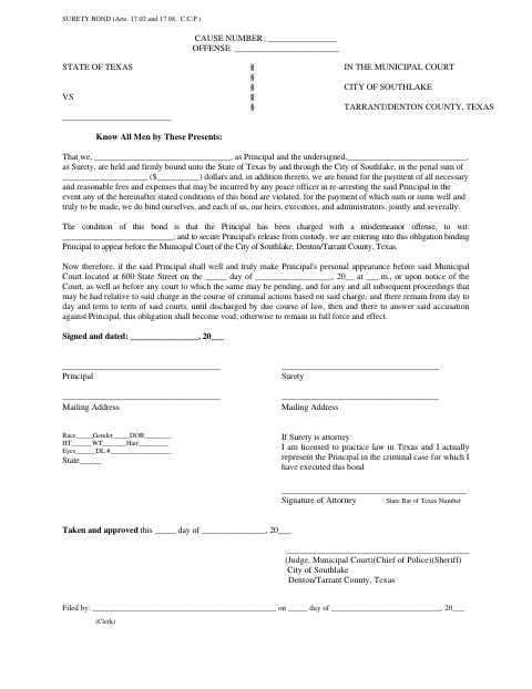 First page of the Surety Bond and Oath of Sufficiency